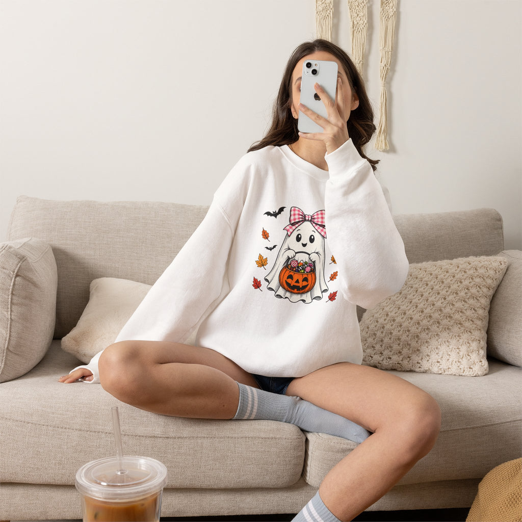 Cute Halloween Ghost Sweatshirt – Girl Ghost with Pumpkin Basket & Bats