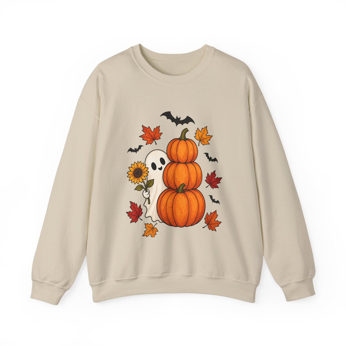 Halloween Pumpkin Stack Crewneck Sweatshirt — Ghost, Sunflower & Falling Leaves Design