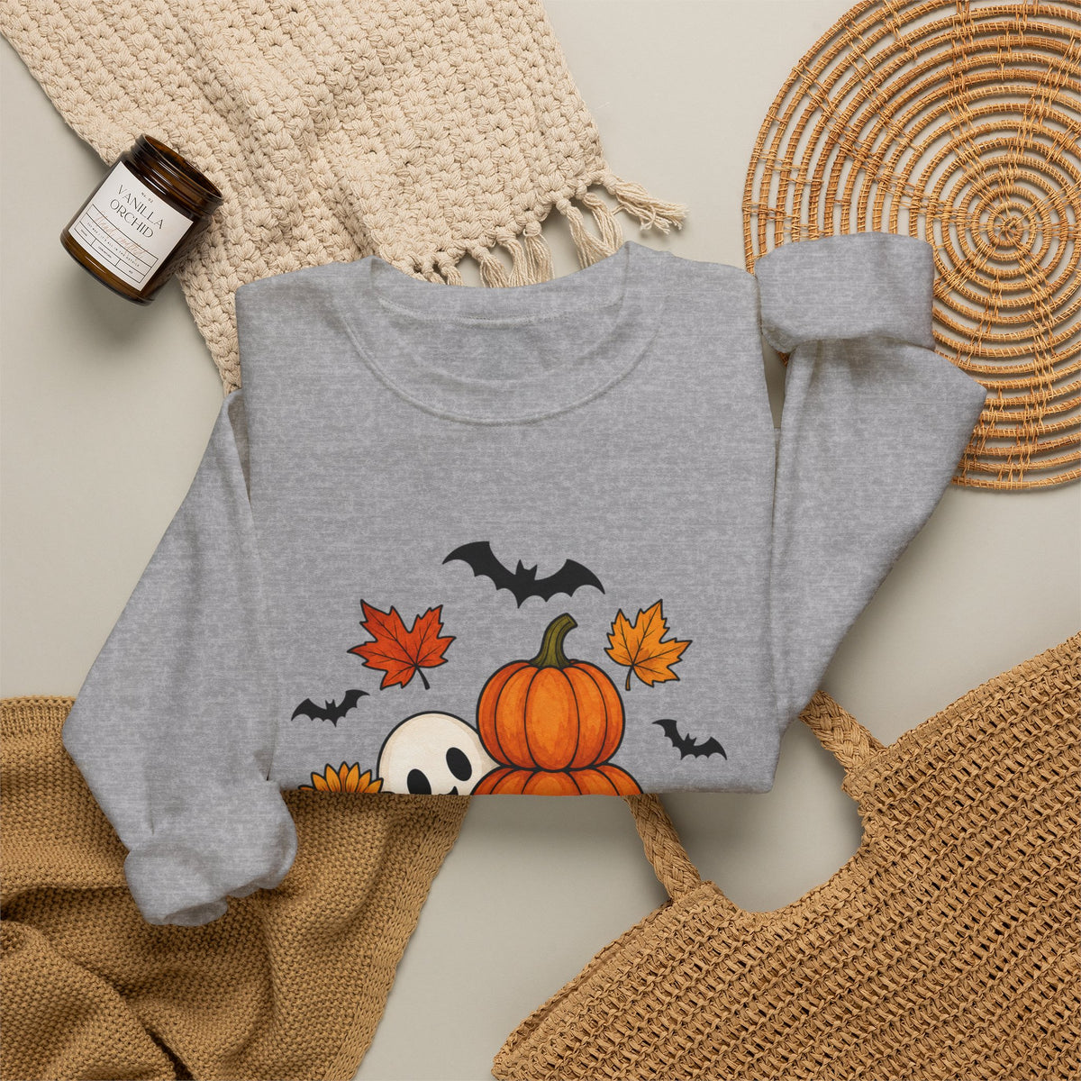 Halloween Pumpkin Stack Crewneck Sweatshirt — Ghost, Sunflower & Falling Leaves Design