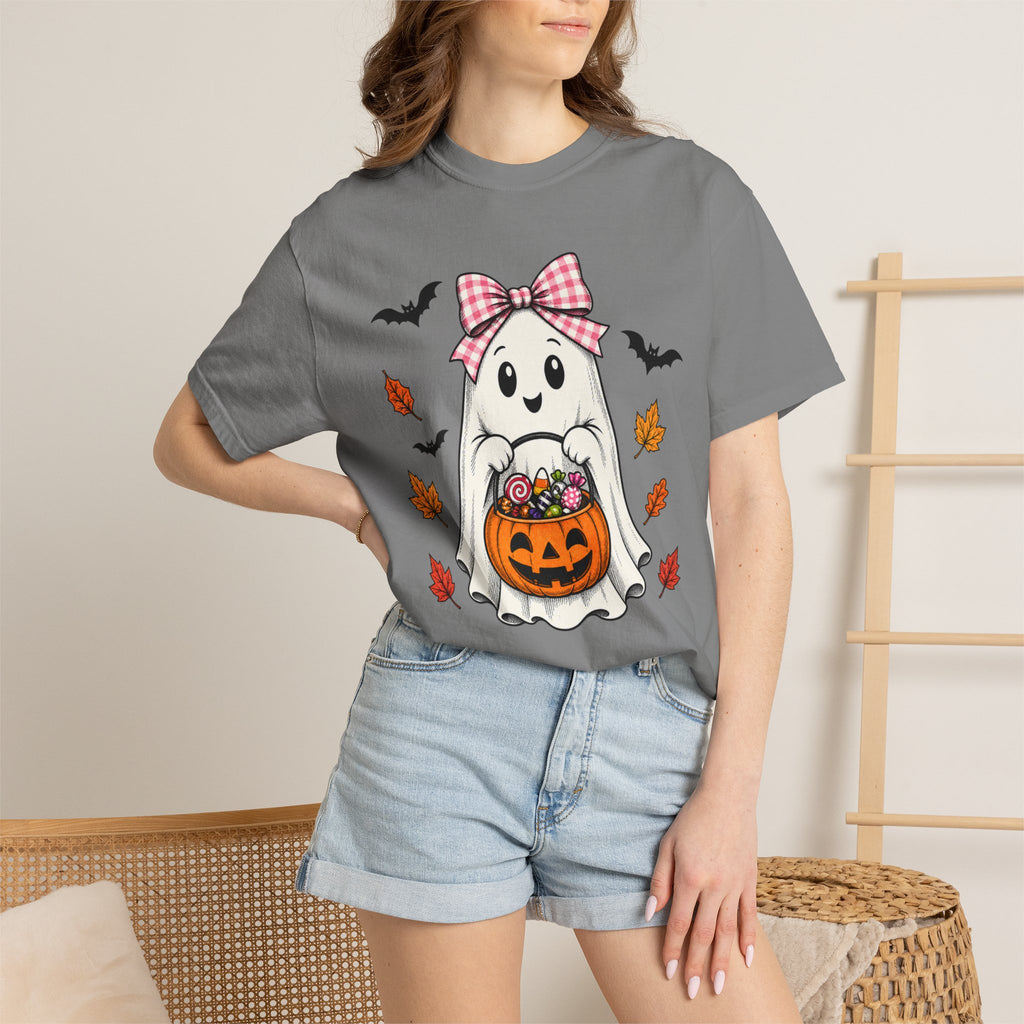 Cute Halloween Ghost T-Shirt — Trick-or-Treat Pumpkin & Bats