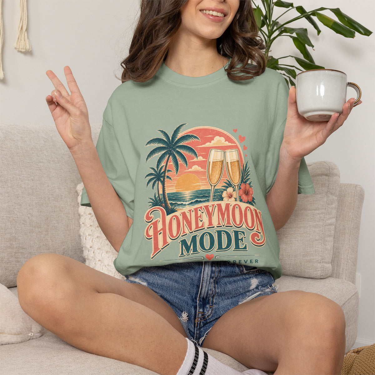 Honeymoon Mode T-Shirt — Tropical Sunset Couple Vacation Tee