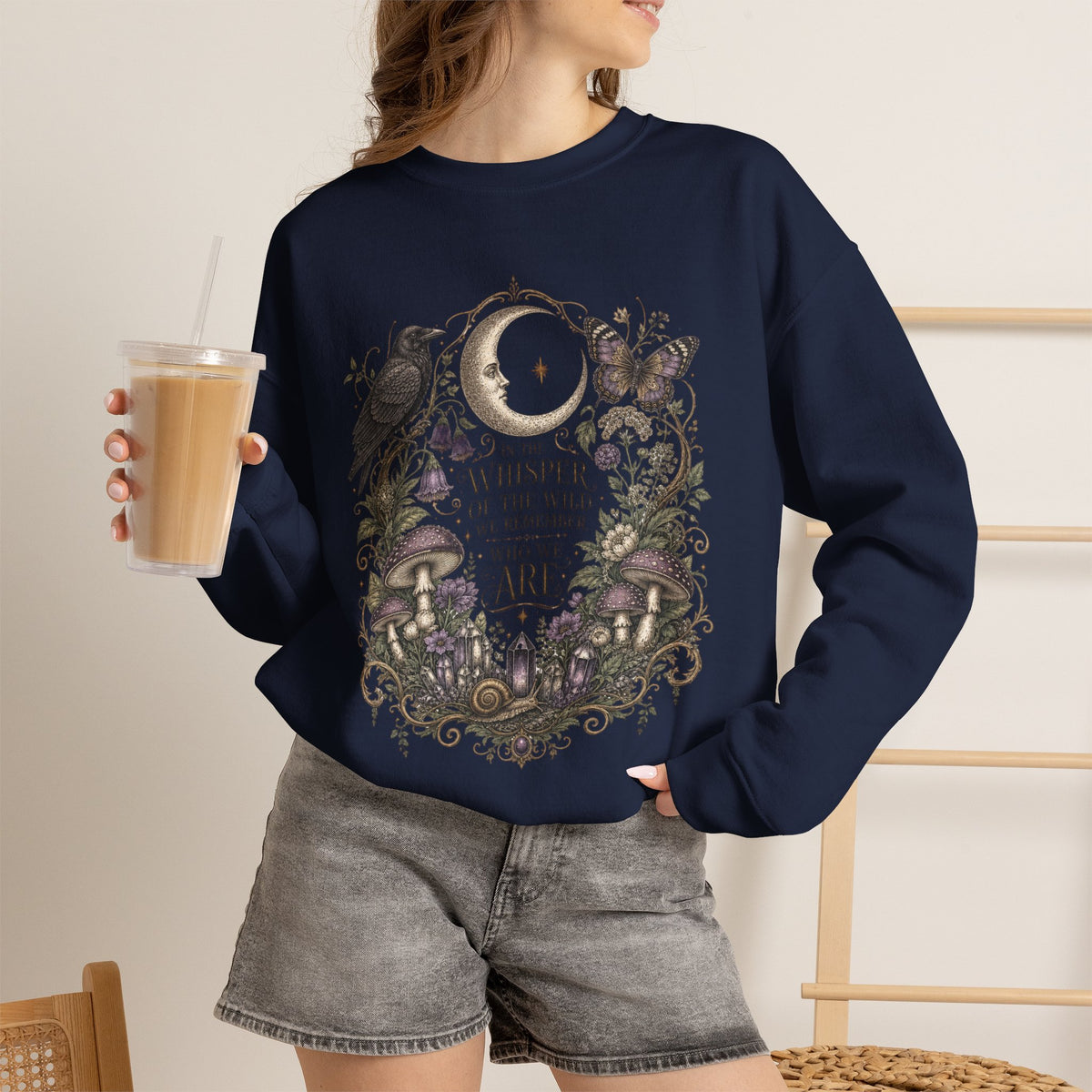 Mystic Moon & Mushroom Crewneck Sweatshirt — "Whisper to the Wild" Nature Graphic