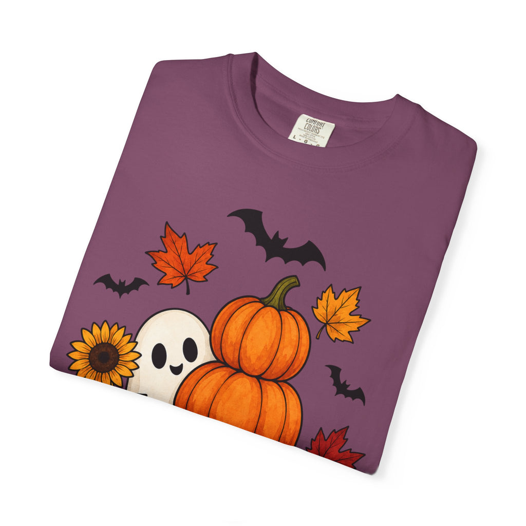 Halloween Pumpkin Stack T-Shirt — Cute Ghost, Sunflower & Falling Leaves Design