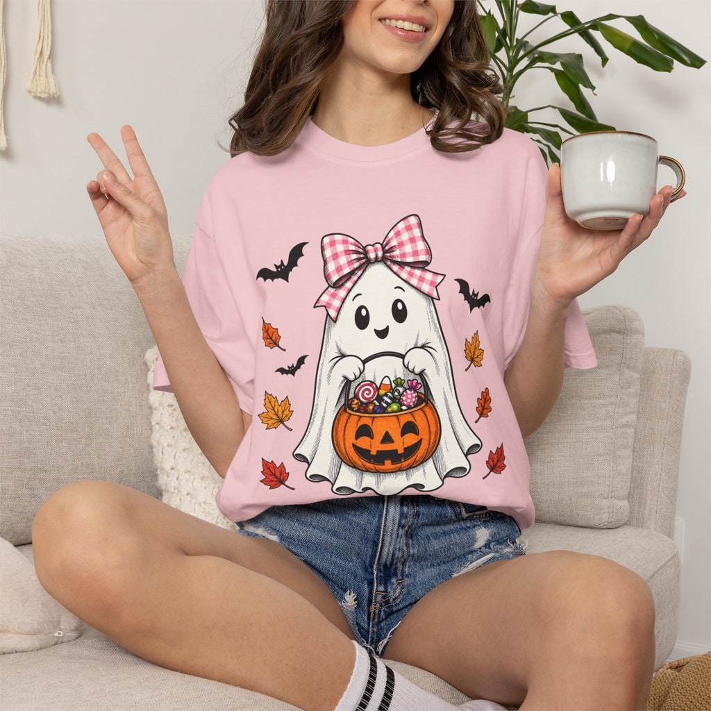 Cute Halloween Ghost T-Shirt — Trick-or-Treat Pumpkin & Bats