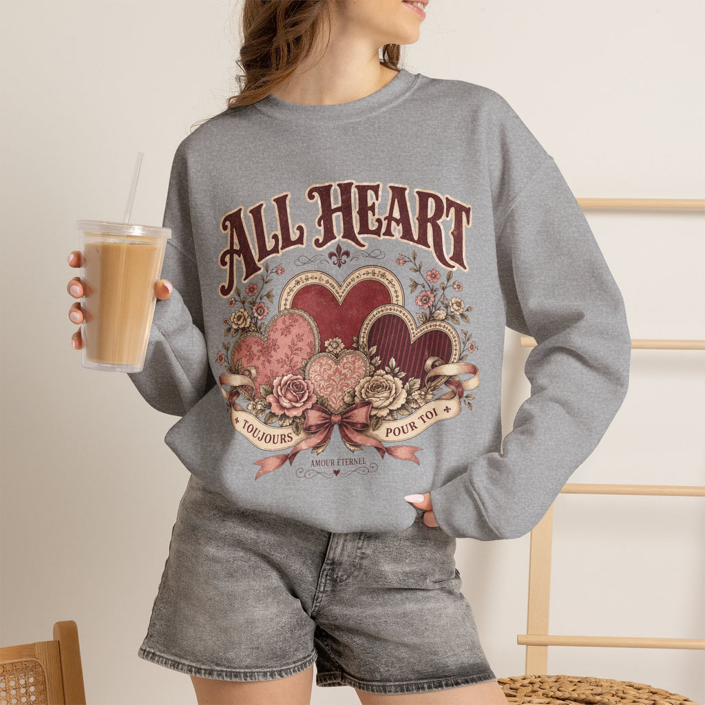 Vintage-Sweatshirt mit Rundhalsausschnitt zum Valentinstag – „All Heart“ romantisches Motiv