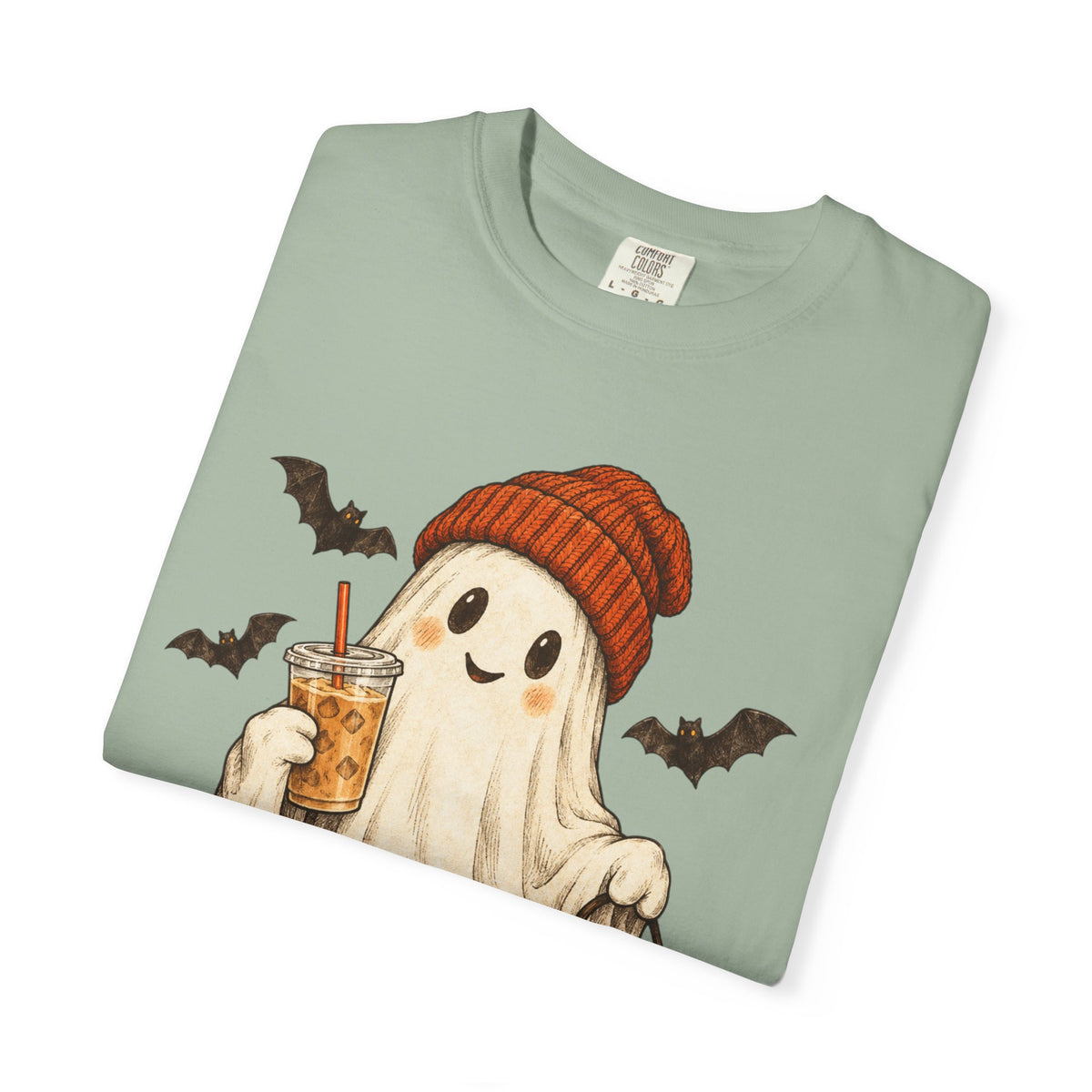 Halloween Ghost T-Shirt — Cute Ghost with Pumpkin & Coffee Graphic