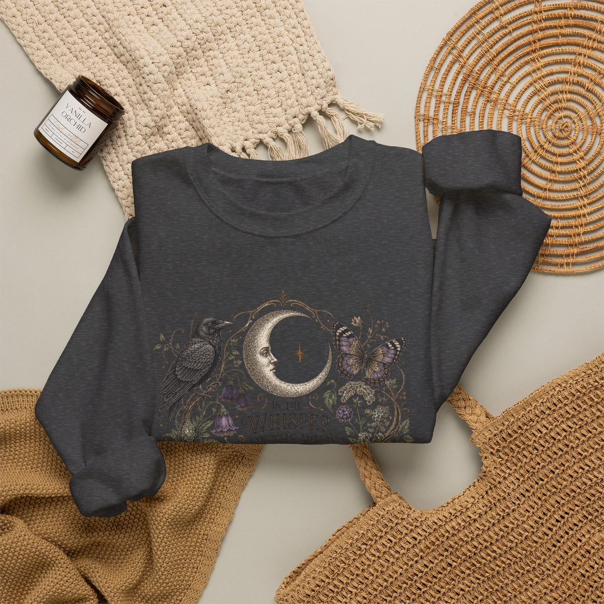 Mystic Moon & Mushroom Crewneck Sweatshirt — "Whisper to the Wild" Nature Graphic