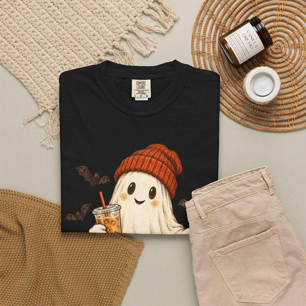 Halloween Ghost T-Shirt — Cute Ghost with Pumpkin & Coffee Graphic