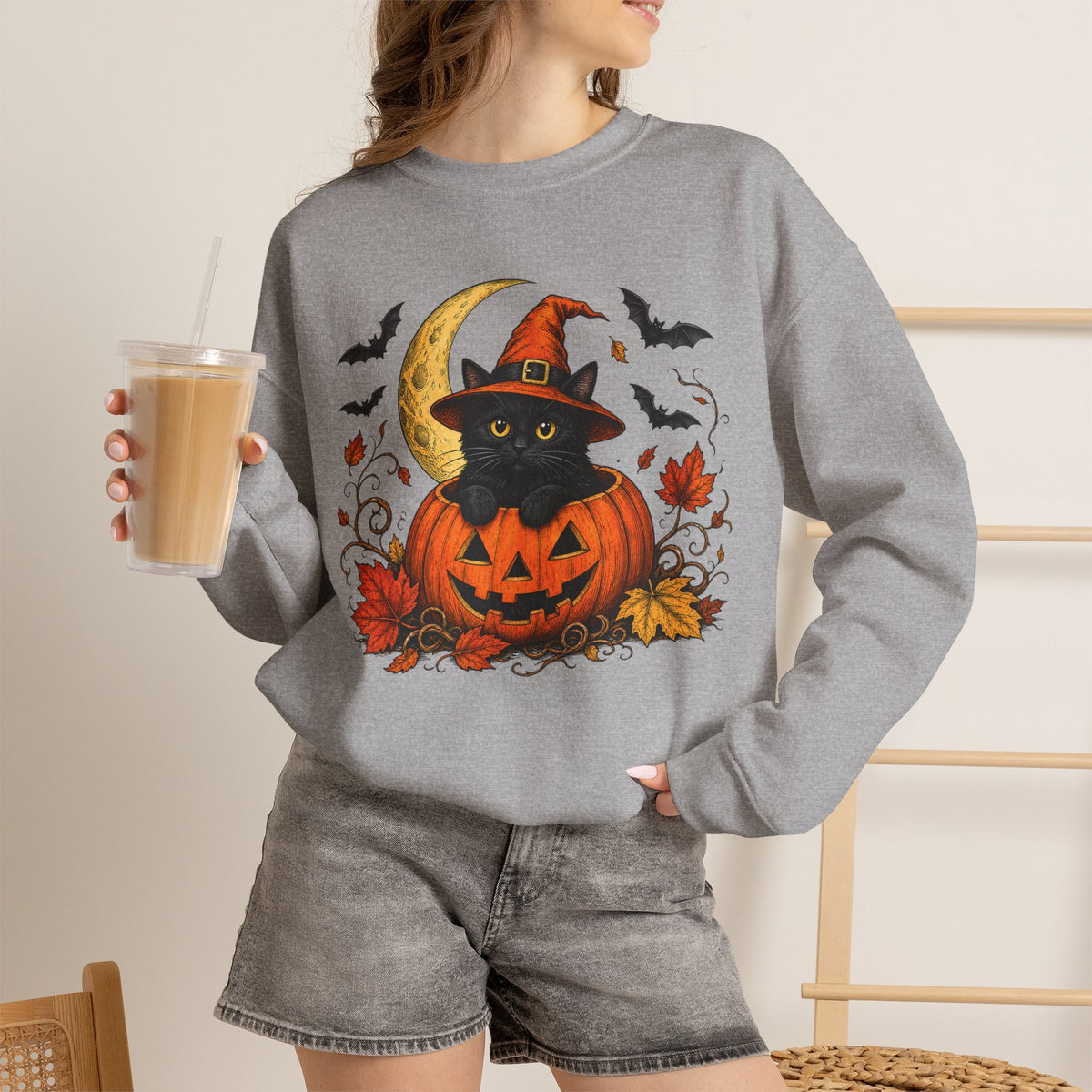 Halloween Black Cat Pumpkin Sweatshirt — Witch Hat, Moon & Bats Crewneck