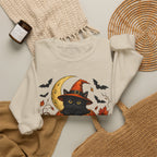 Halloween Black Cat Pumpkin Sweatshirt — Witch Hat, Moon & Bats Crewneck