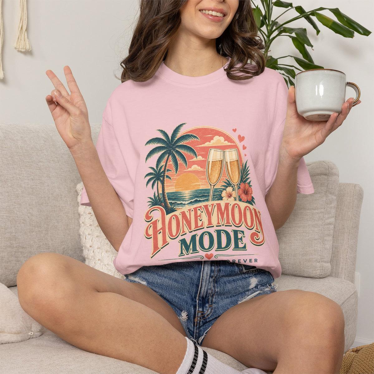 Honeymoon Mode T-Shirt — Tropical Sunset Couple Vacation Tee