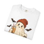 Halloween Ghost T-Shirt — Cute Ghost with Pumpkin & Coffee Graphic