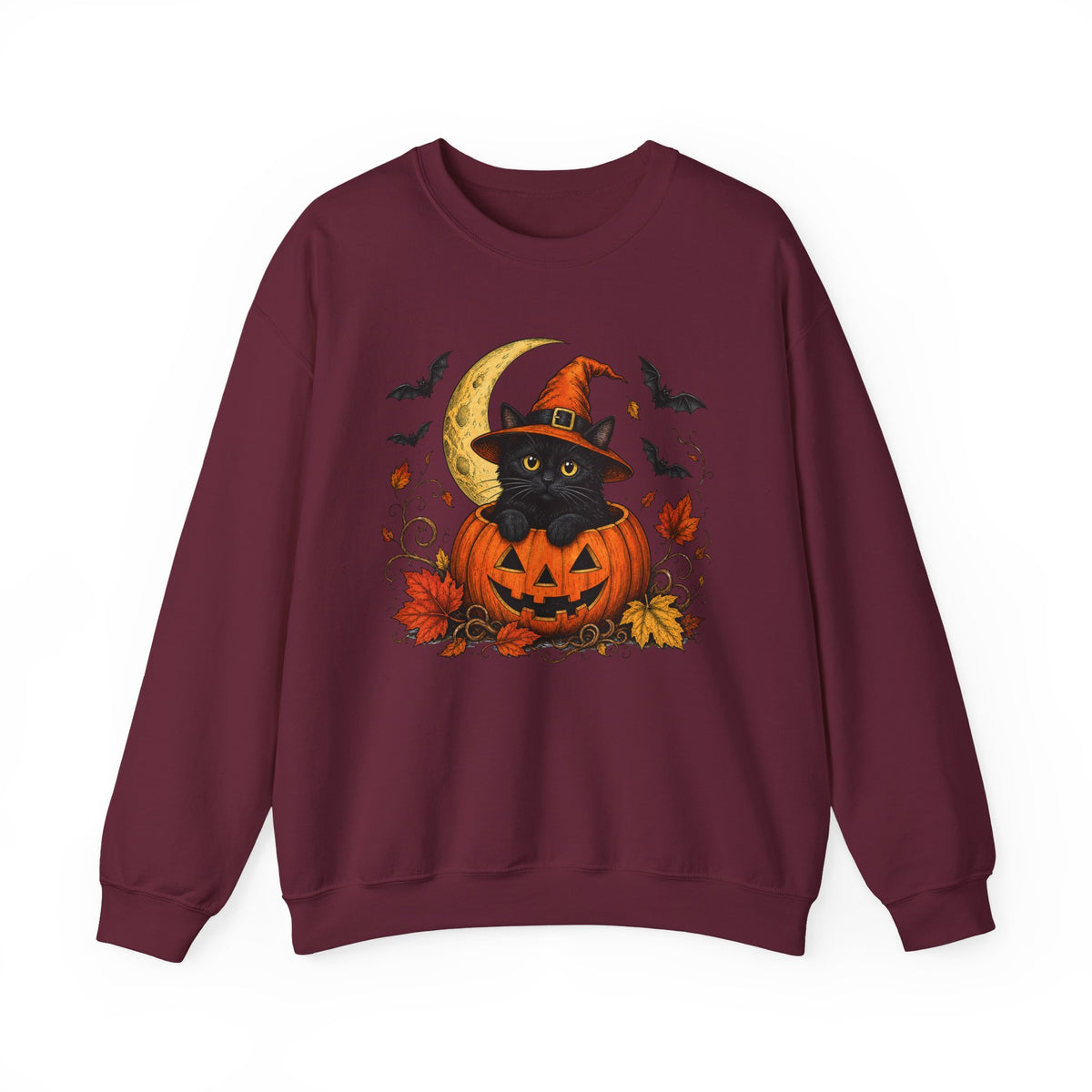 Halloween Black Cat Pumpkin Sweatshirt — Witch Hat, Moon & Bats Crewneck