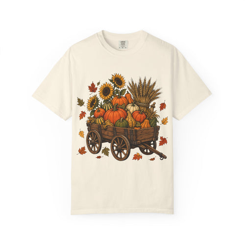 Autumn Harvest Wagon T-Shirt — Pumpkin & Sunflower Fall Tee