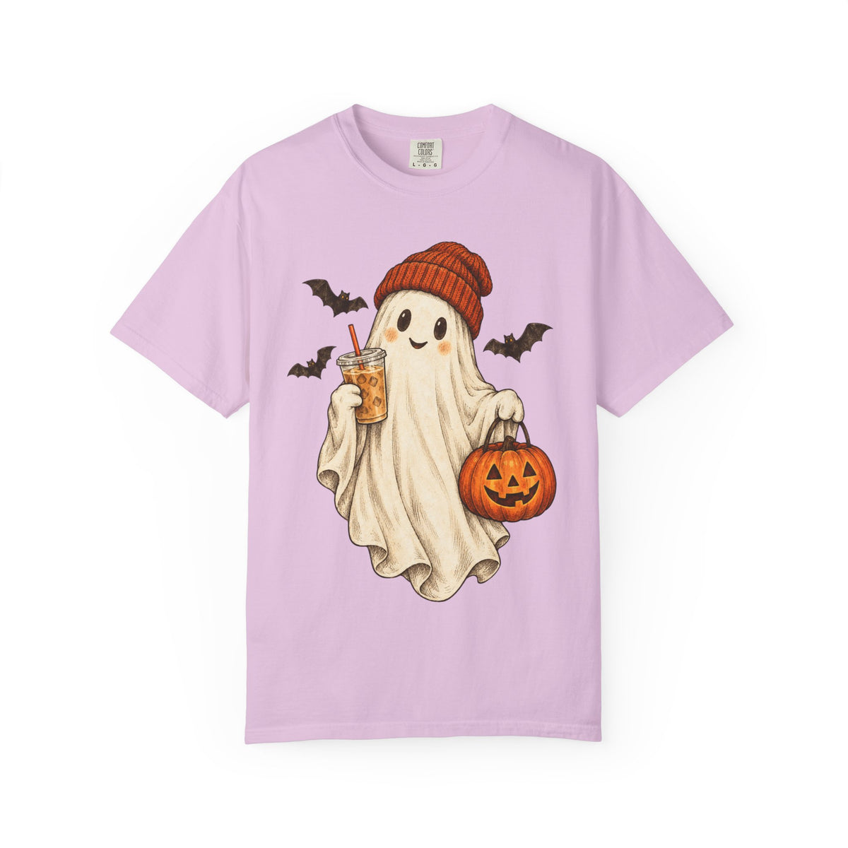 Halloween Ghost T-Shirt — Cute Ghost with Pumpkin & Coffee Graphic