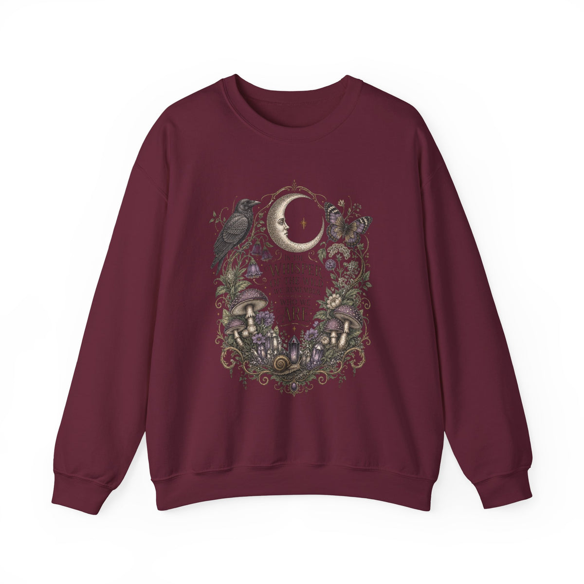 Mystic Moon & Mushroom Crewneck Sweatshirt — "Whisper to the Wild" Nature Graphic