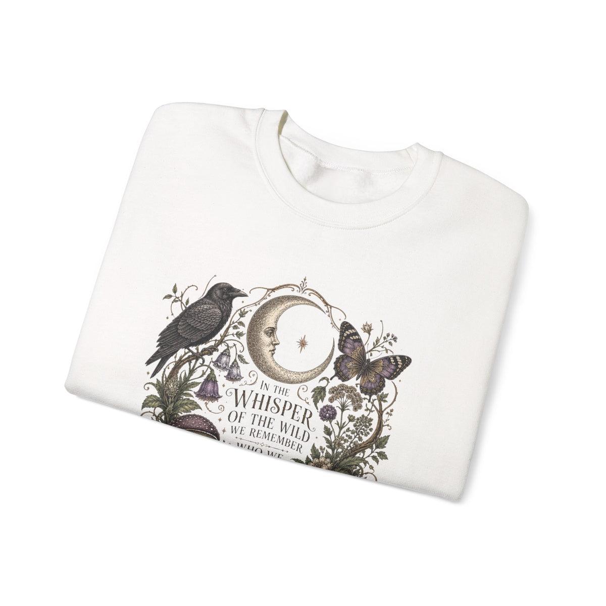 Mystic Moon & Mushroom Crewneck Sweatshirt — "Whisper to the Wild" Nature Graphic