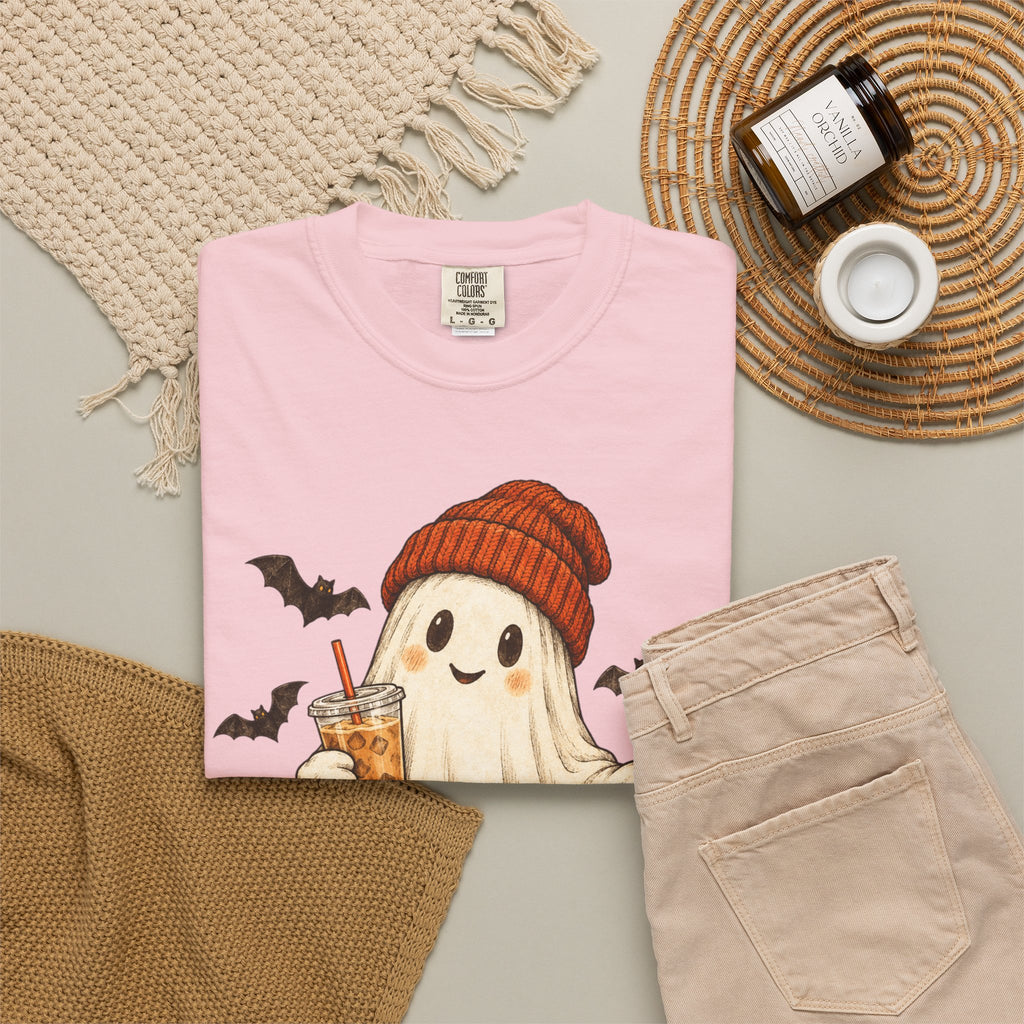 Halloween Ghost T-Shirt — Cute Ghost with Pumpkin & Coffee Graphic