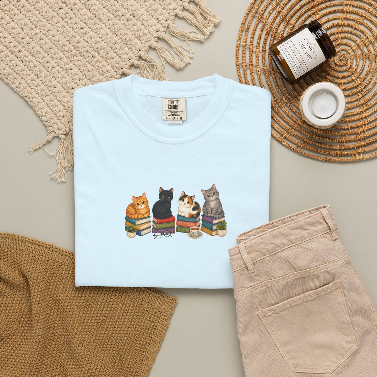 Cat Knit Crew T-Shirt — Cozy Cats Sitting Together Graphic Tee