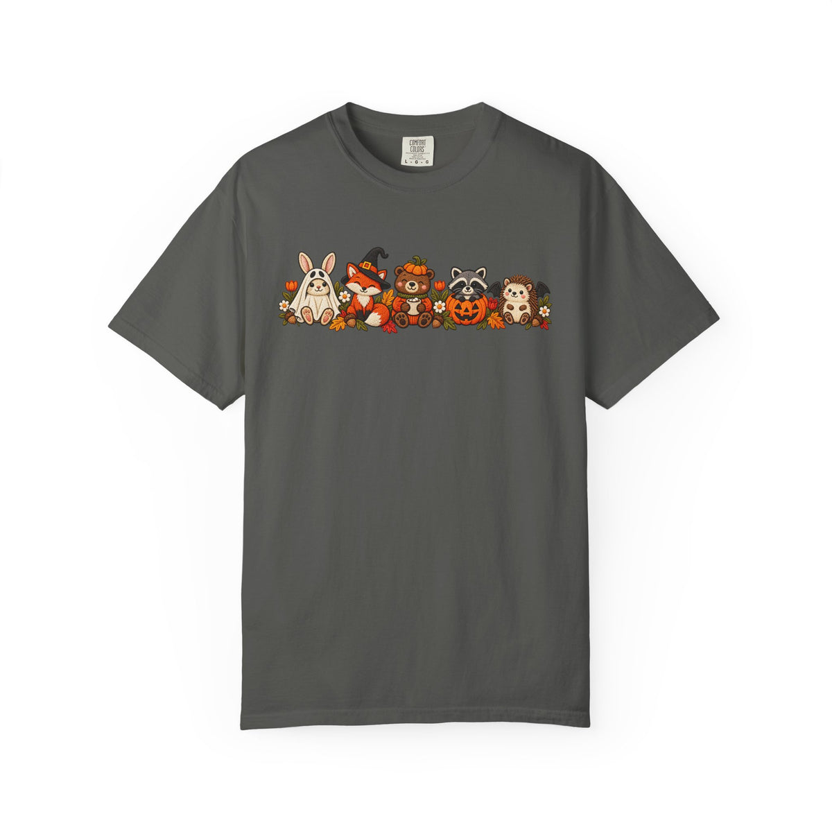 Halloween Critter Lineup T-Shirt — Cute Pumpkin, Witch & Bunny Spooky Crew