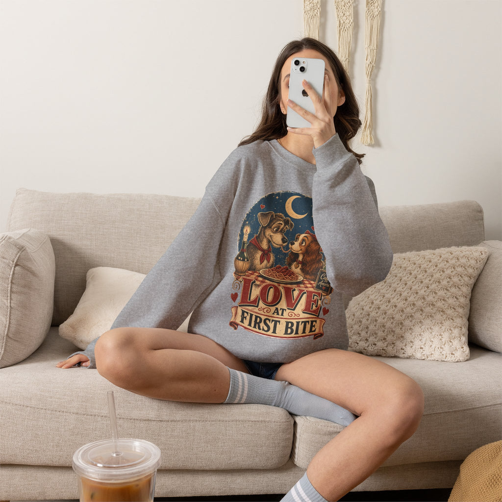 Love at First Bite Sweatshirt — Cute Dog & Pizza Cozy Crewneck