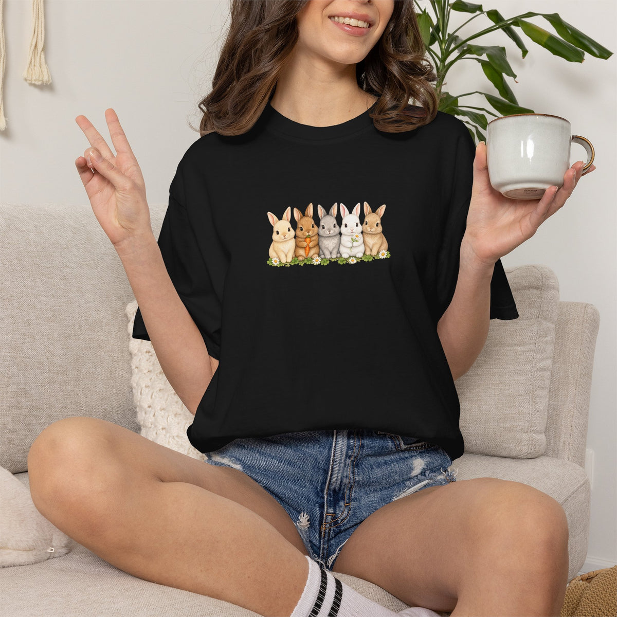 Bunny Row T‑Shirt — Cute Watercolor Rabbits Graphic Tee