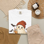 Halloween Ghost T-Shirt — Cute Ghost with Pumpkin & Coffee Graphic