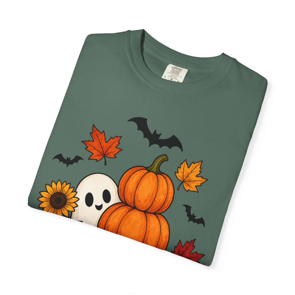 Halloween Pumpkin Stack T-Shirt — Cute Ghost, Sunflower & Falling Leaves Design