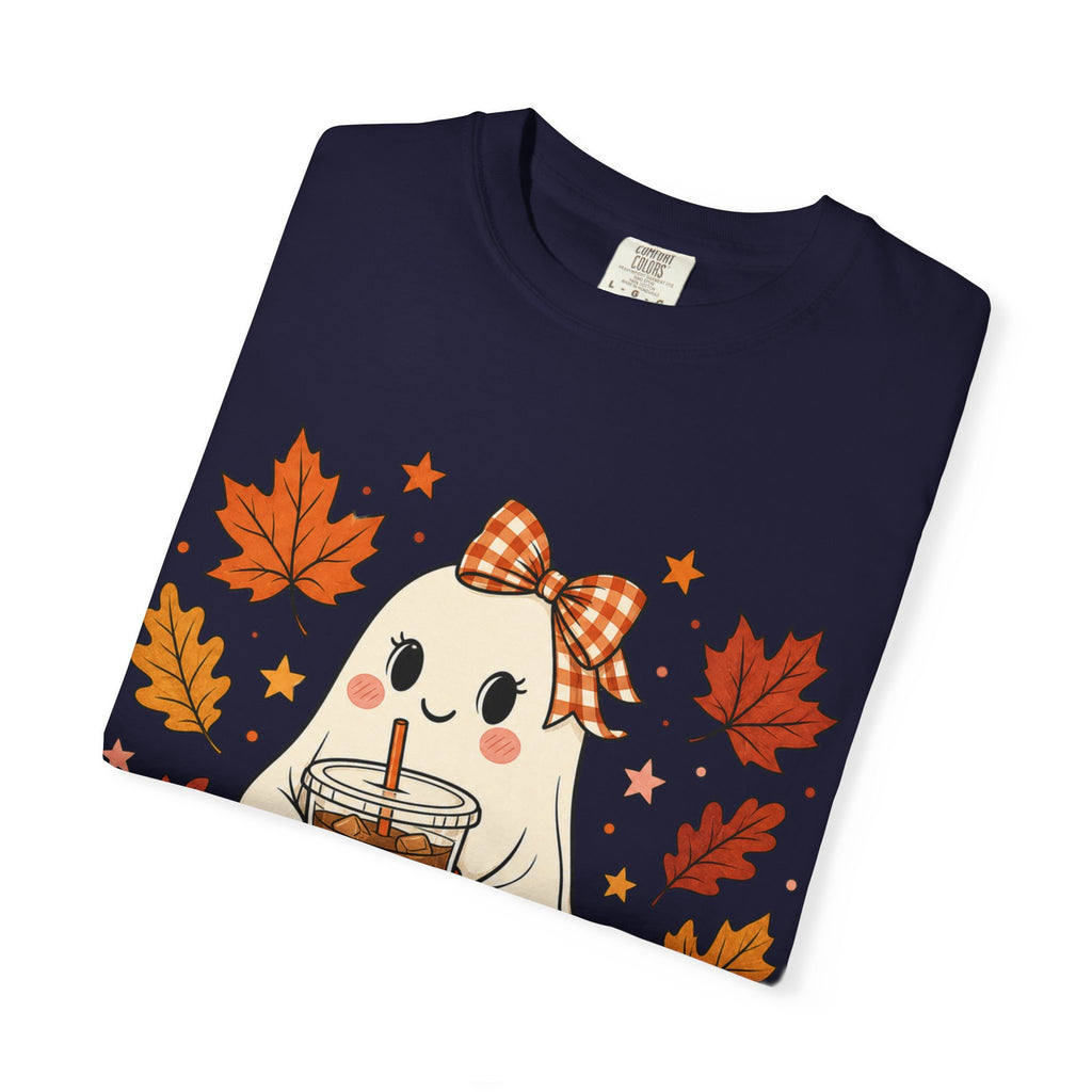 Cute Ghost Pumpkin Drink Tee — Fall Leaves Graphic T-Shirt