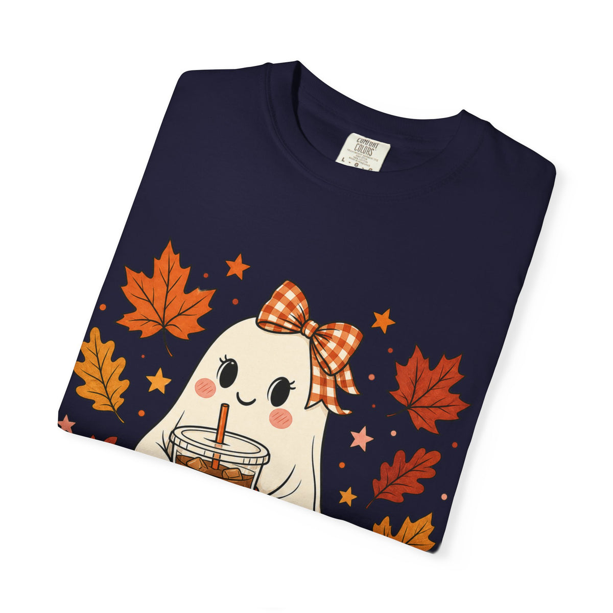 Cute Ghost Pumpkin Drink Tee — Fall Leaves Graphic T-Shirt