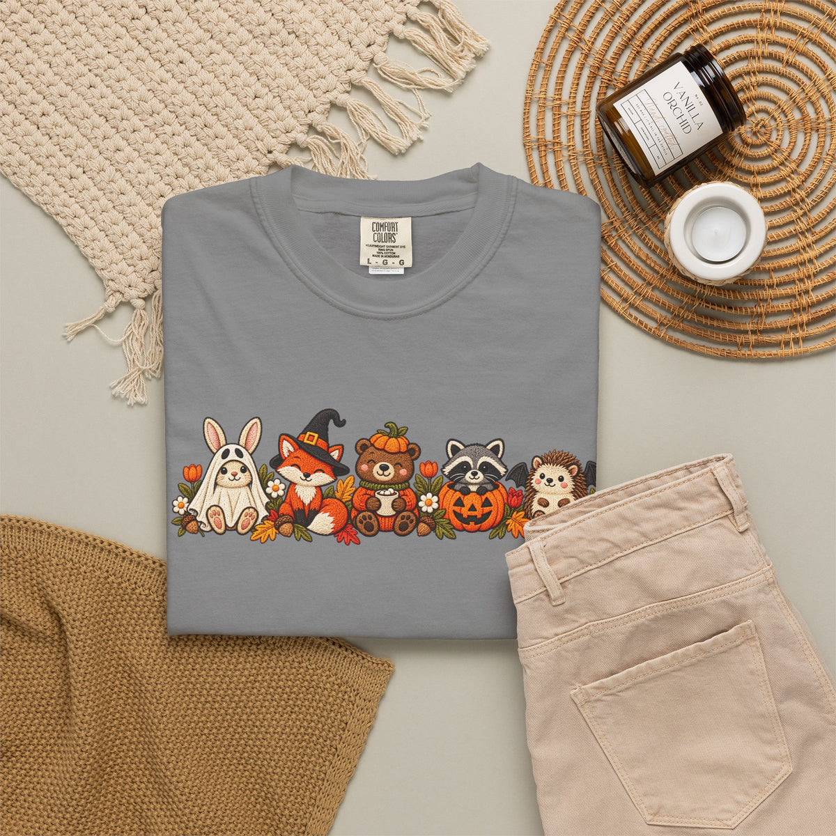 Halloween Critter Lineup T-Shirt — Cute Pumpkin, Witch & Bunny Spooky Crew