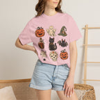 Halloween-Icons T-Shirt — Niedliches Retro-T-Shirt mit Kürbissen, Geist, Katze & Totenkopf