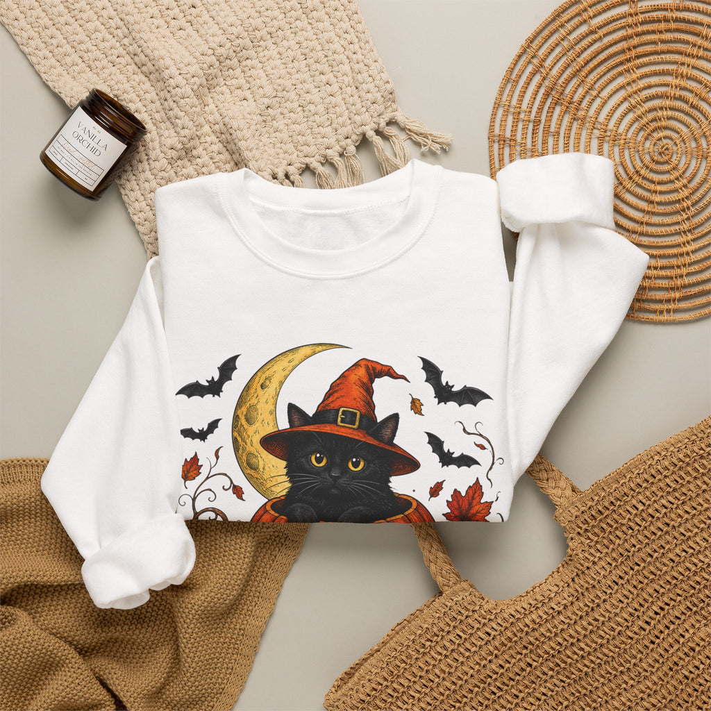 Halloween Black Cat Pumpkin Sweatshirt — Witch Hat, Moon & Bats Crewneck