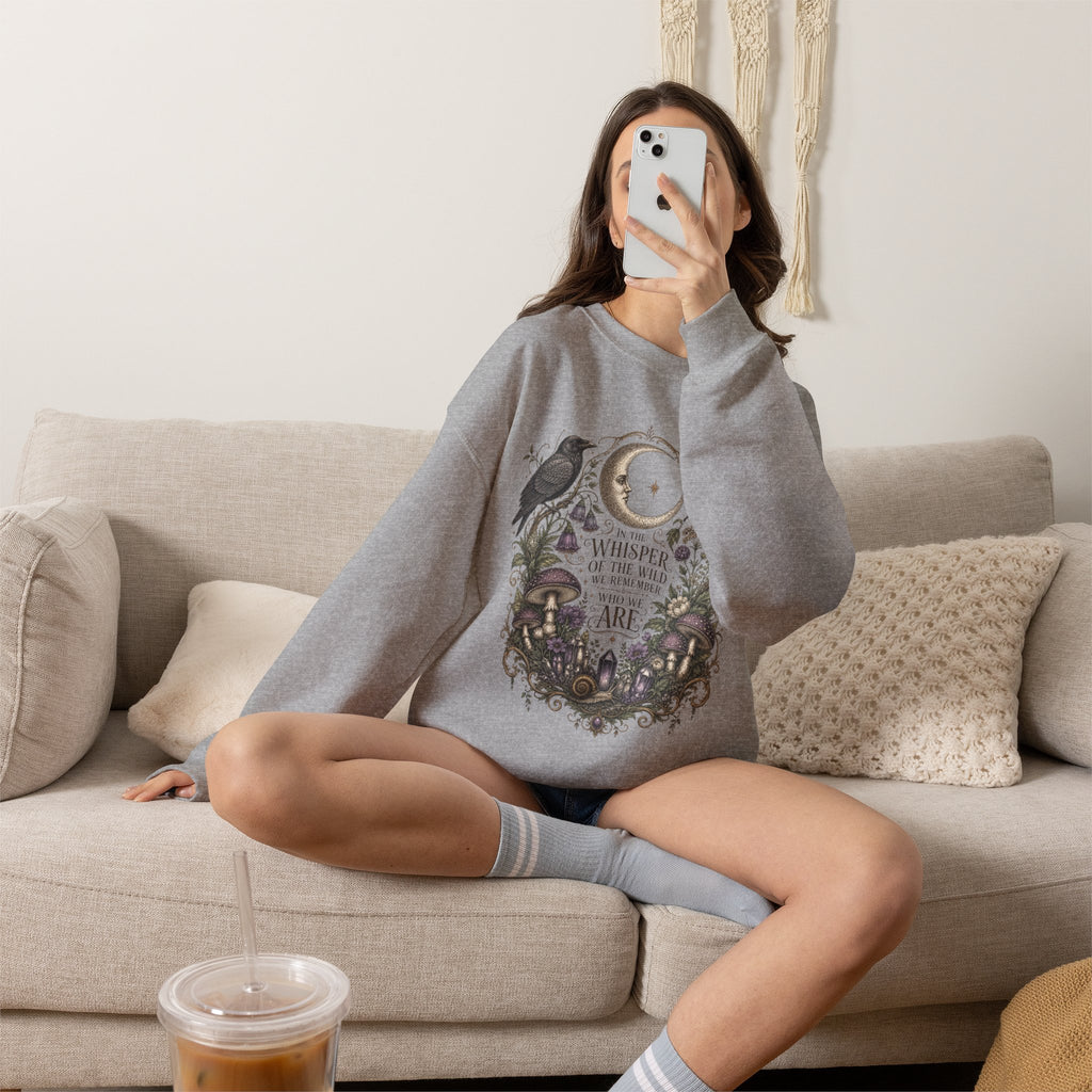 Mystic Moon & Mushroom Crewneck Sweatshirt — "Whisper to the Wild" Nature Graphic