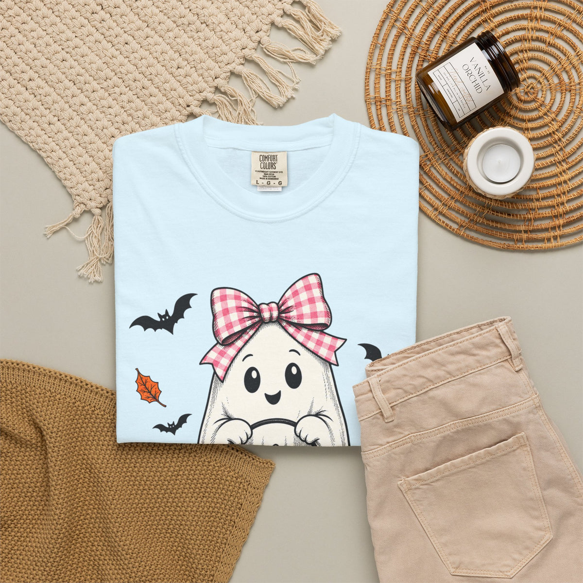 Cute Halloween Ghost T-Shirt — Trick-or-Treat Pumpkin & Bats