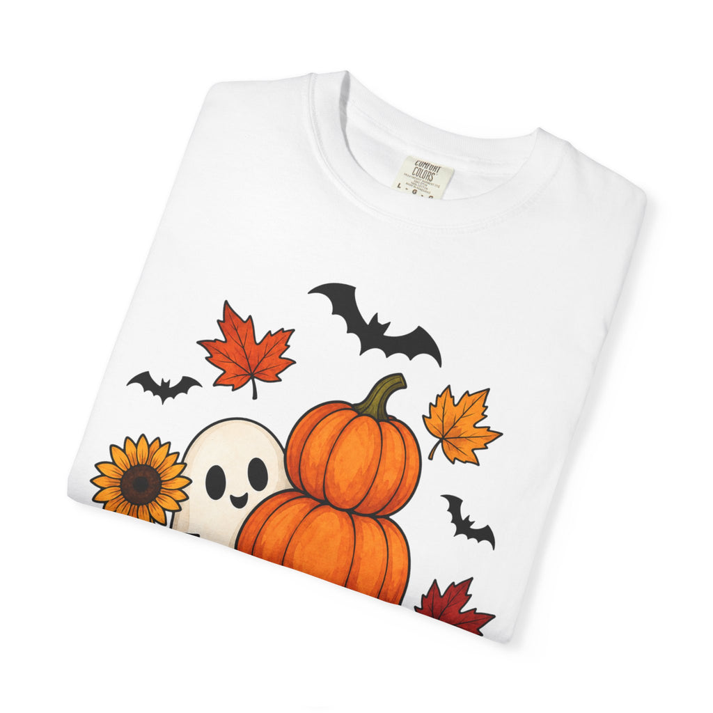 Halloween Pumpkin Stack T-Shirt — Cute Ghost, Sunflower & Falling Leaves Design