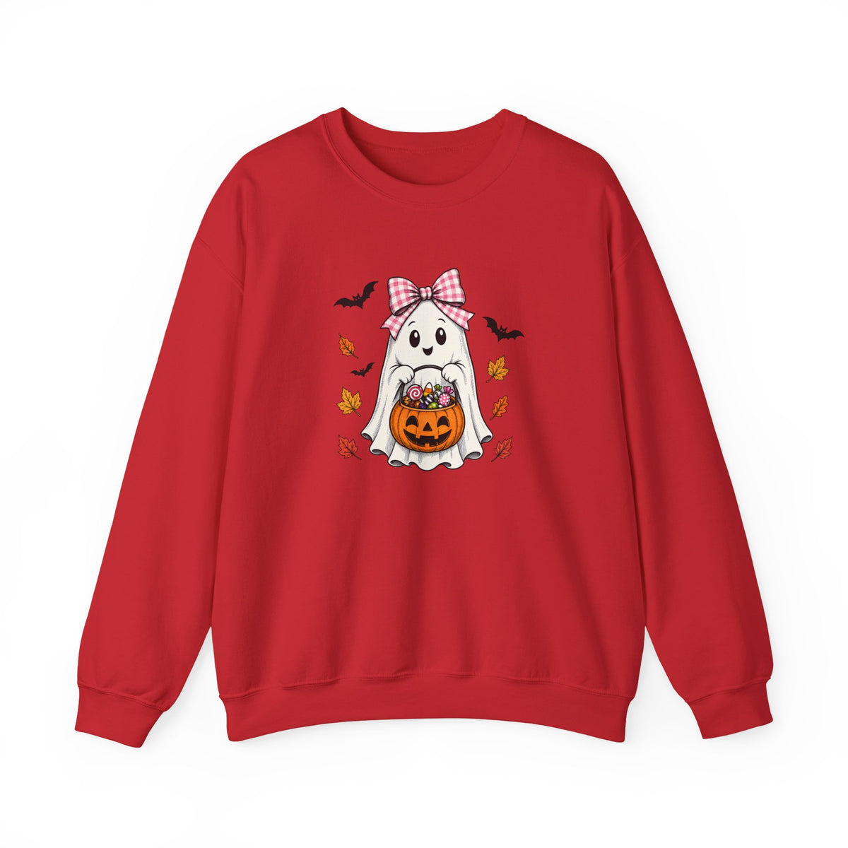 Cute Halloween Ghost Sweatshirt – Girl Ghost with Pumpkin Basket & Bats