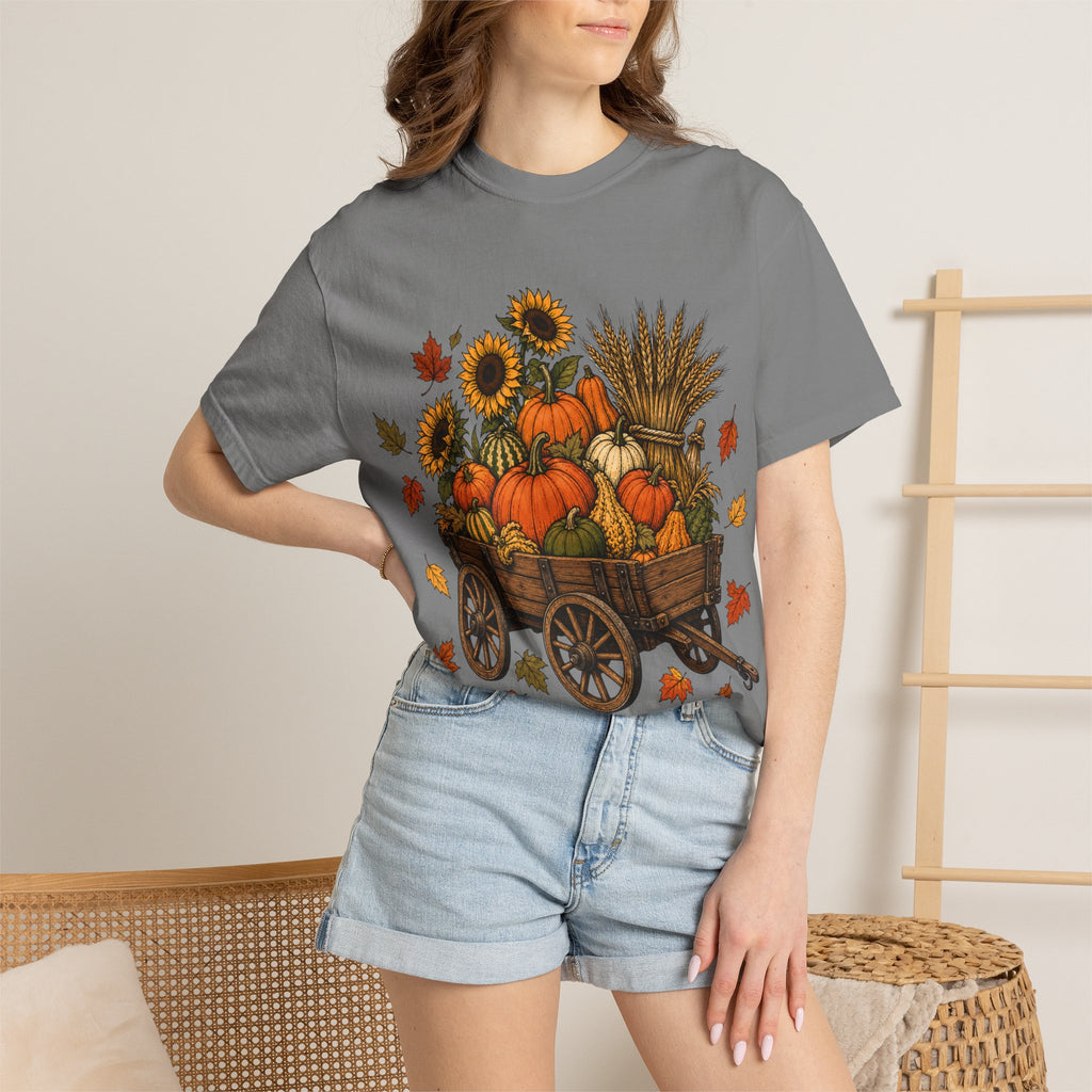 T-Shirt „Herbsternte-Wagen“ — Kürbis & Sonnenblume Herbst-T-Shirt
