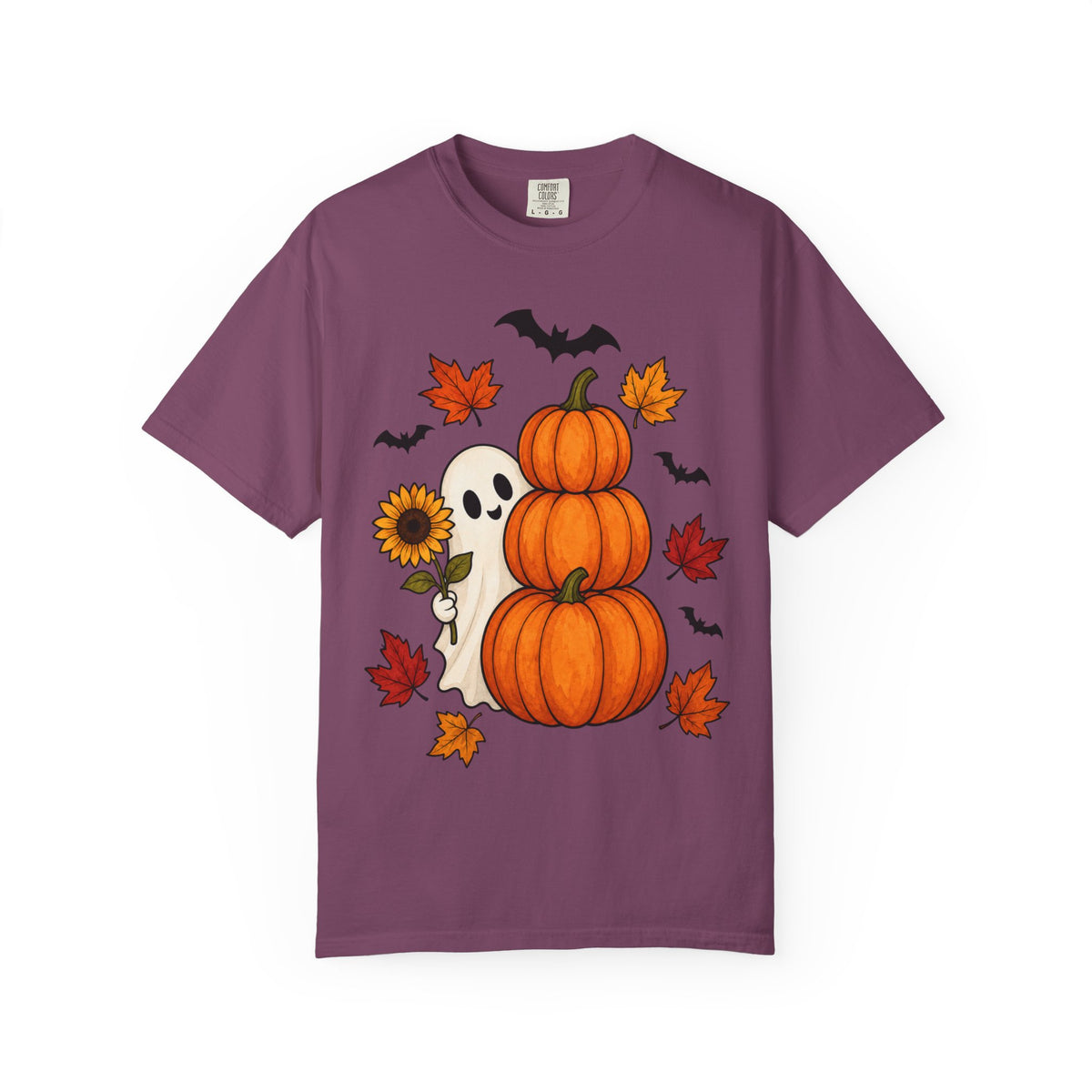 Halloween Pumpkin Stack T-Shirt — Cute Ghost, Sunflower & Falling Leaves Design