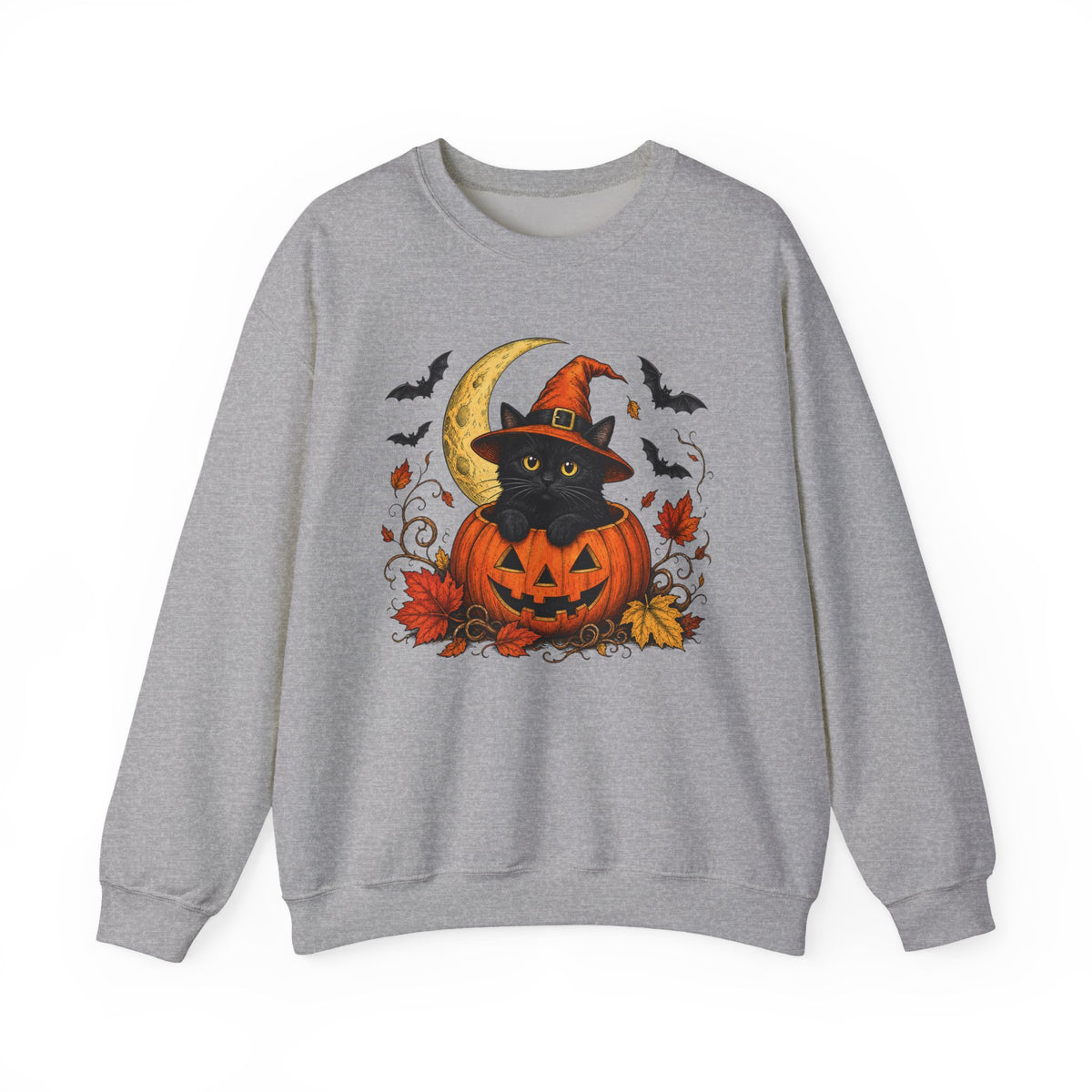 Halloween Black Cat Pumpkin Sweatshirt — Witch Hat, Moon & Bats Crewneck