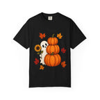 Halloween Pumpkin Stack T-Shirt — Cute Ghost, Sunflower & Falling Leaves Design