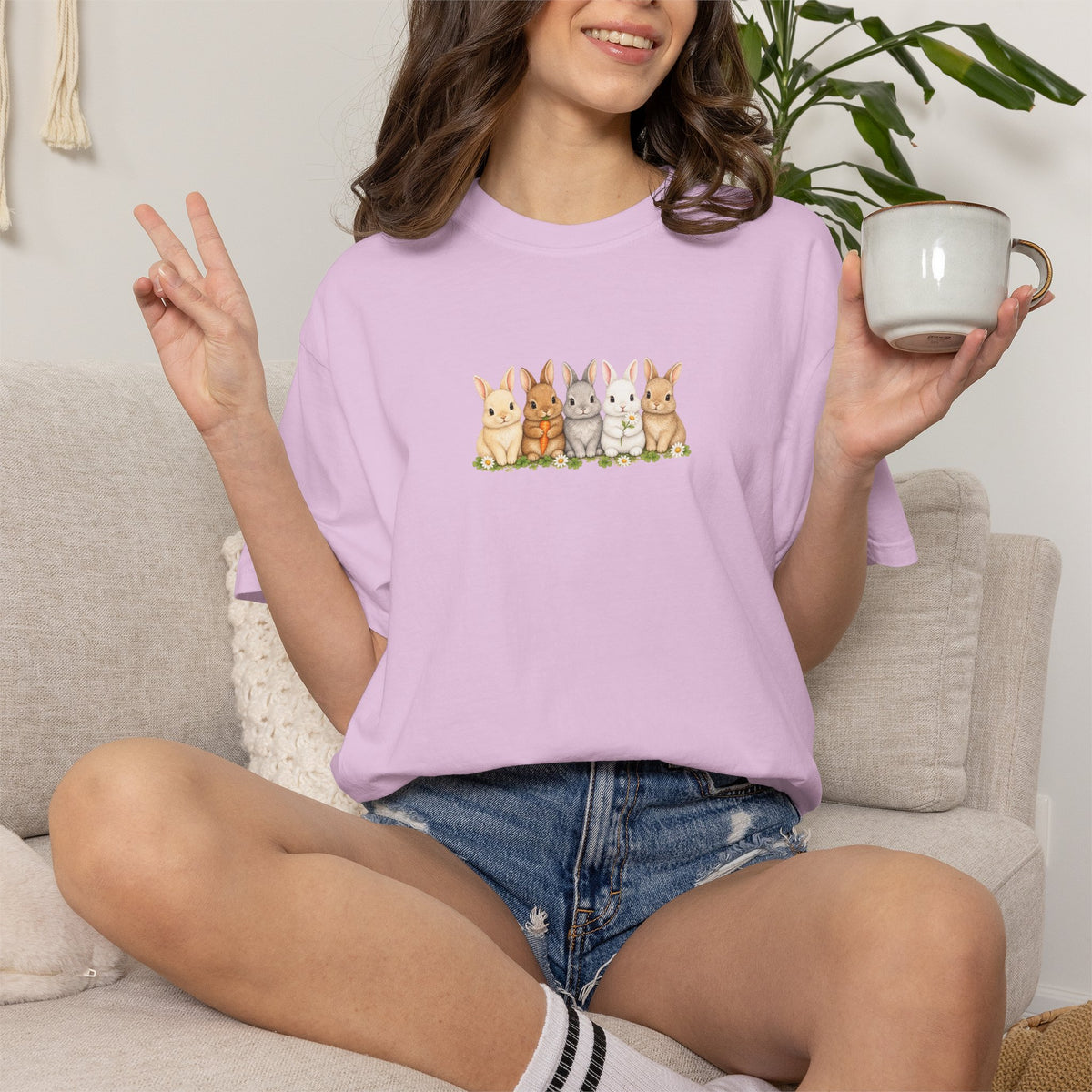 Bunny Row T‑Shirt — Cute Watercolor Rabbits Graphic Tee
