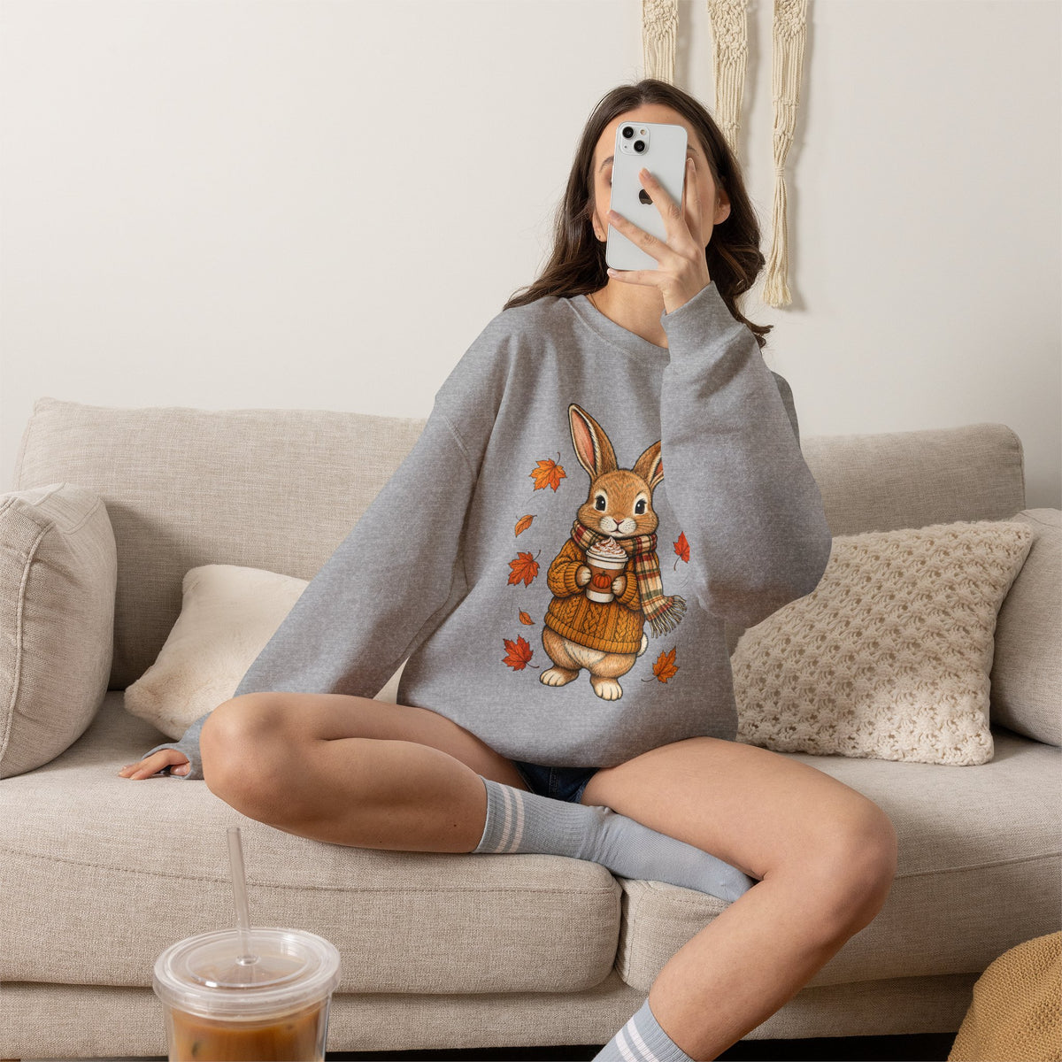 Autumn Bunny Sweatshirt – Cozy Fall Rabbit Holding Coffee
