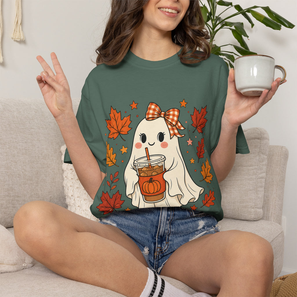 Cute Ghost Pumpkin Drink Tee — Fall Leaves Graphic T-Shirt