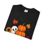 Halloween Pumpkin Stack T-Shirt — Cute Ghost, Sunflower & Falling Leaves Design