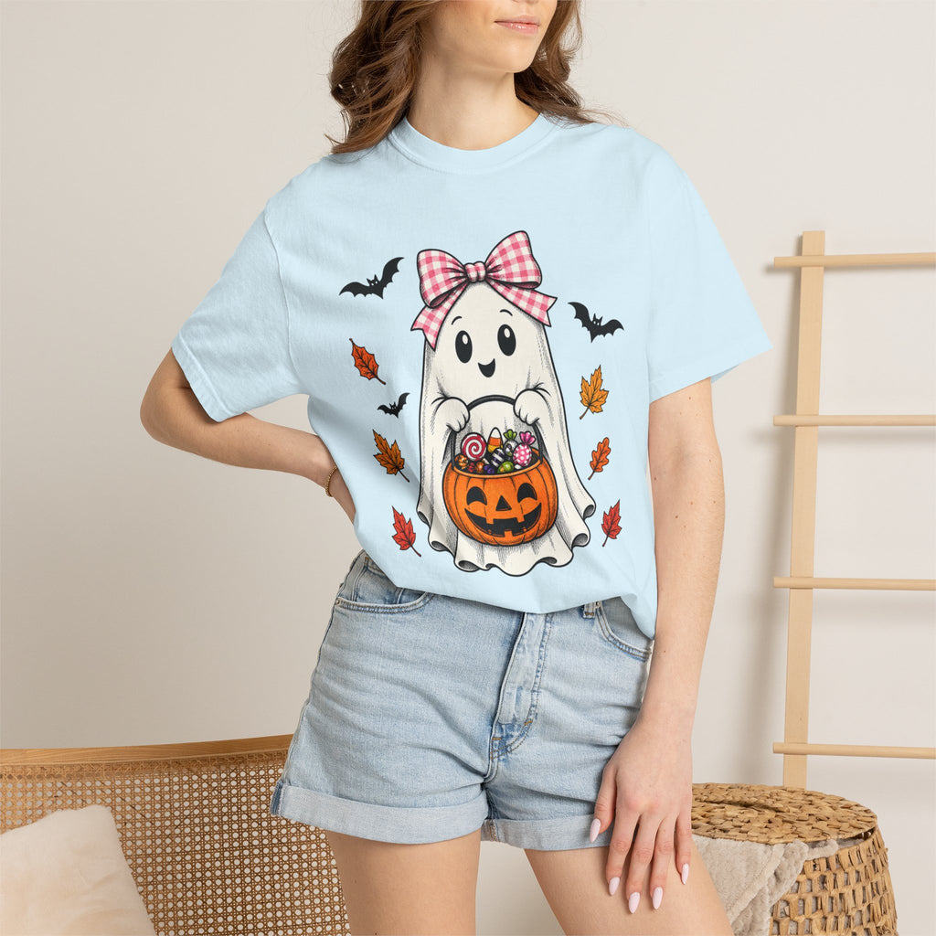 Cute Halloween Ghost T-Shirt — Trick-or-Treat Pumpkin & Bats