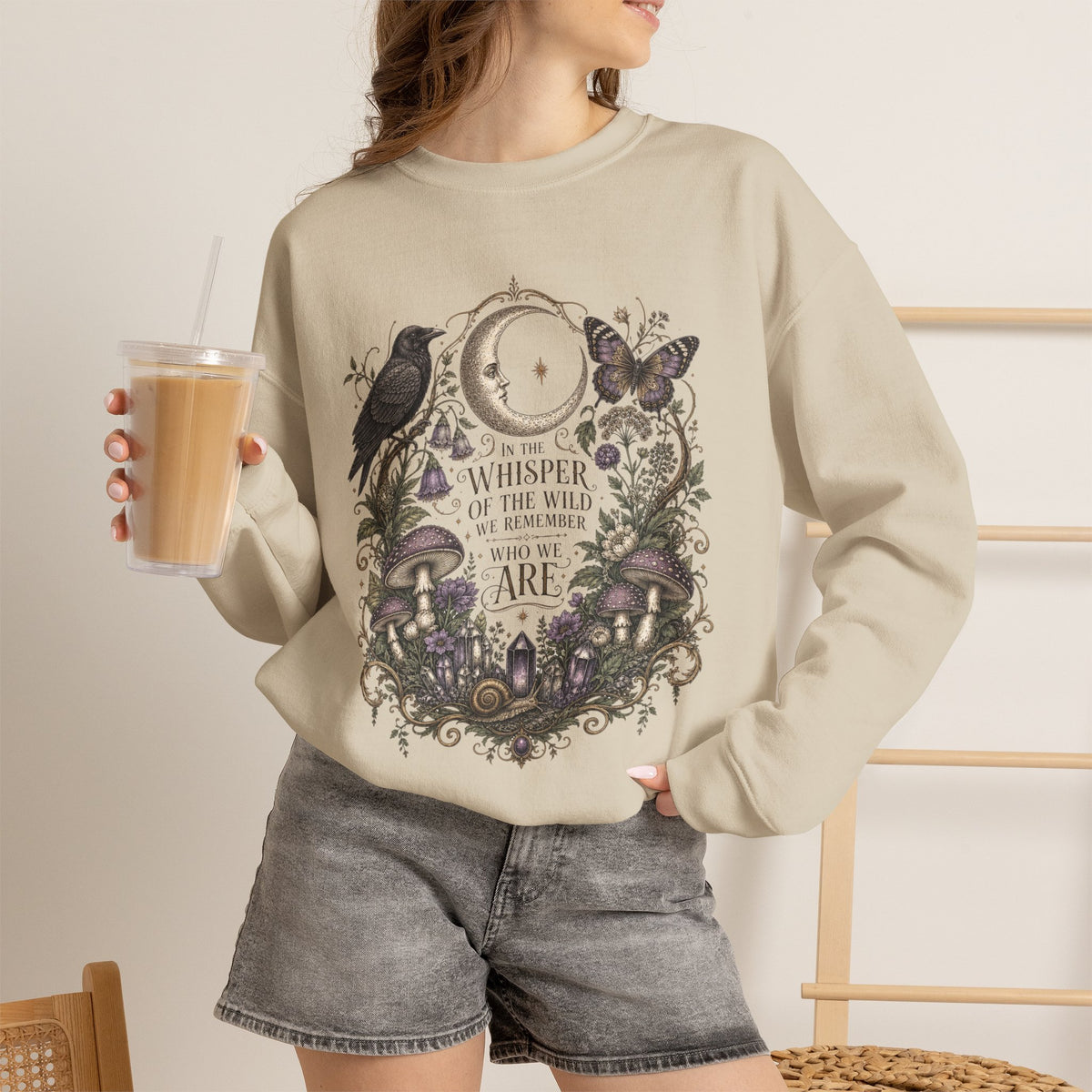 Mystic Moon & Mushroom Crewneck Sweatshirt — "Whisper to the Wild" Nature Graphic