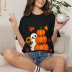Halloween Pumpkin Stack T-Shirt — Cute Ghost, Sunflower & Falling Leaves Design