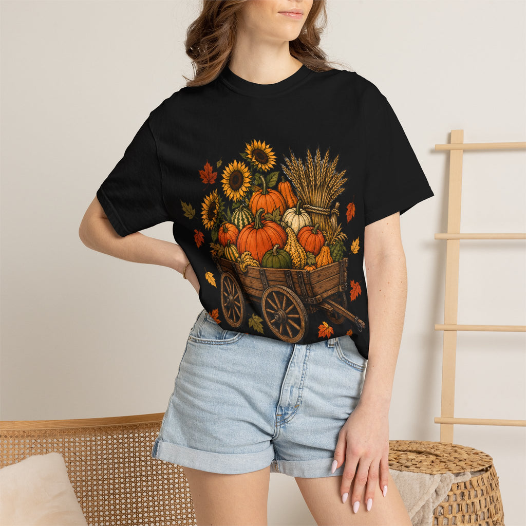 T-Shirt „Herbsternte-Wagen“ — Kürbis & Sonnenblume Herbst-T-Shirt