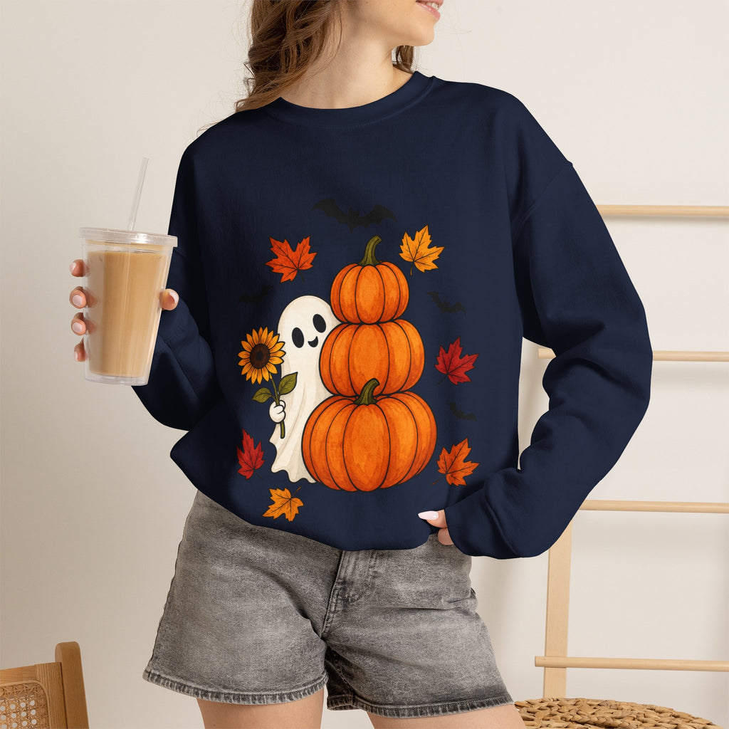 Halloween Pumpkin Stack Crewneck Sweatshirt — Ghost, Sunflower & Falling Leaves Design